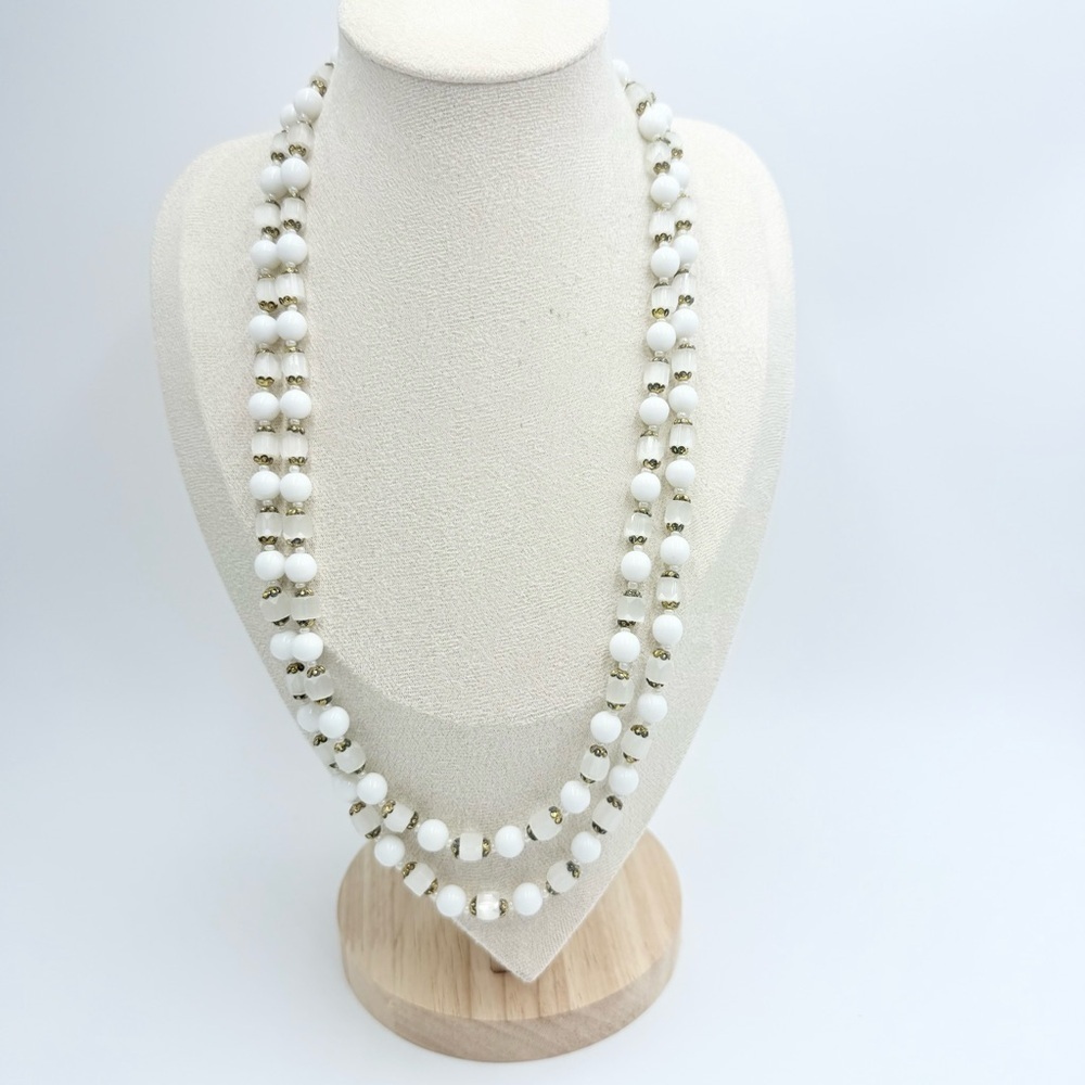 Vintage White Glass Beads Multi Strand Necklace